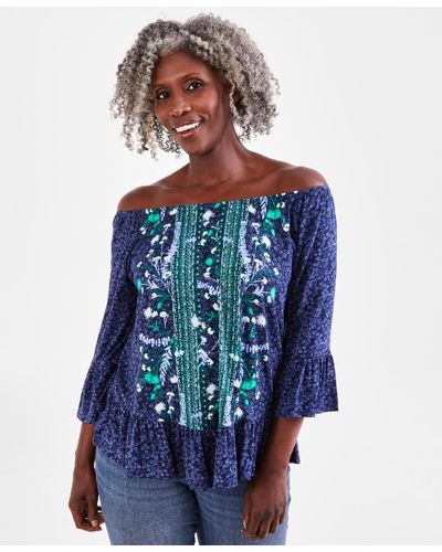 Style & Co. Printed On-off Knit Top - Blue