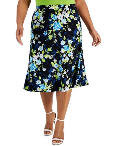 Kasper Plus Size Floral Flared Pull-on Midi Skirt - Blue