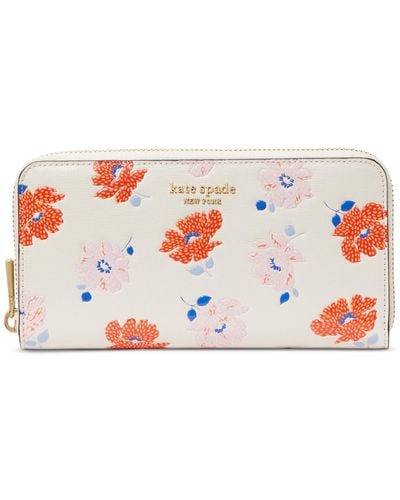Kate Spade Morgan Dotty Floral Embossed Saffiano Leather Zip Around Continental Wallet - White