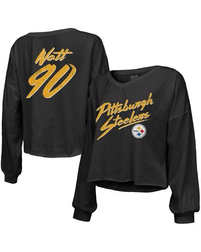 Majestic Threads T.j. Watt Distressed Pittsburgh Steelers Name And Number Off-shoulder Script Cropped Long Sleeve V-neck T-shirt - Black