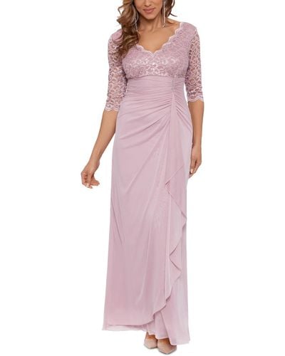 Betsy & Adam Lace-top Waterfall-detail Gown - Purple