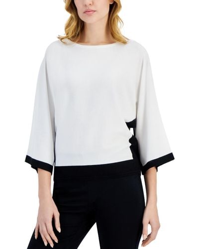 Tahari 3/4-dolman-sleeve Contrast-trim Crewneck Sweater - White