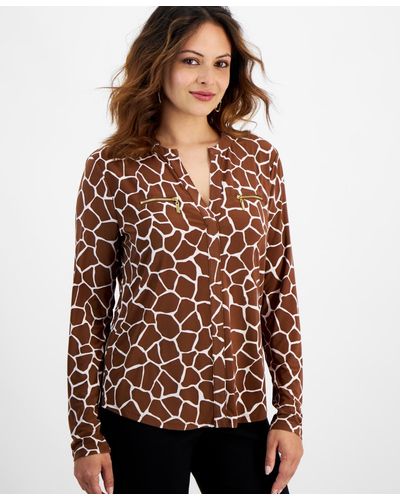 INC International Concepts Petite Giraffe-print Zippered-pocket Top - Brown