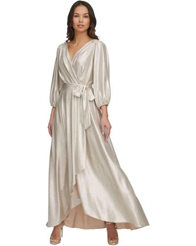 DKNY Metallic Textured Faux-wrap Gown - White