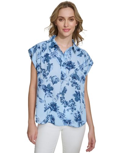 Calvin Klein Short-sleeve Printed Button Front Shirt - Blue