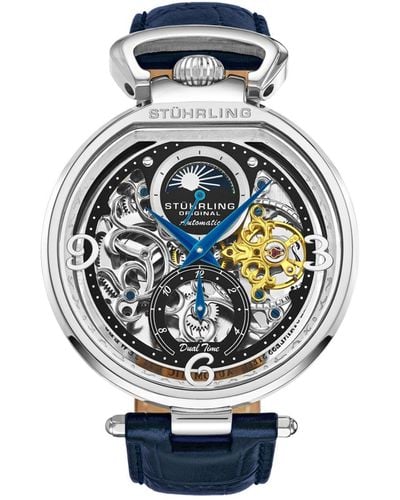 Stuhrling Automatic Blue Alligator Embossed Genuine Leather Strap Watch 46mm
