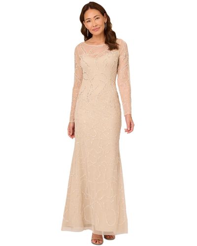 Adrianna Papell Beaded Long Sleeve Gown - Natural