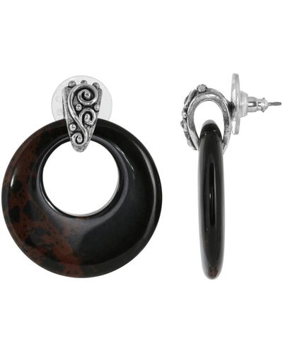 2028 Pewter Semi Precious Round Obsidian Hoop Earrings - Brown