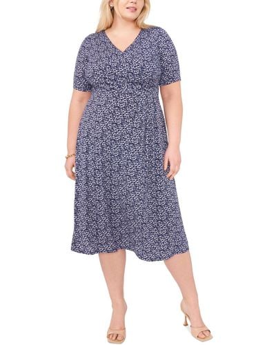 Msk Plus Size Short-sleeve V-neck Midi Dress - Blue