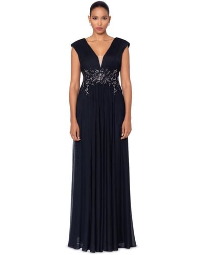 Betsy & Adam Beaded V-neck Gown - Blue