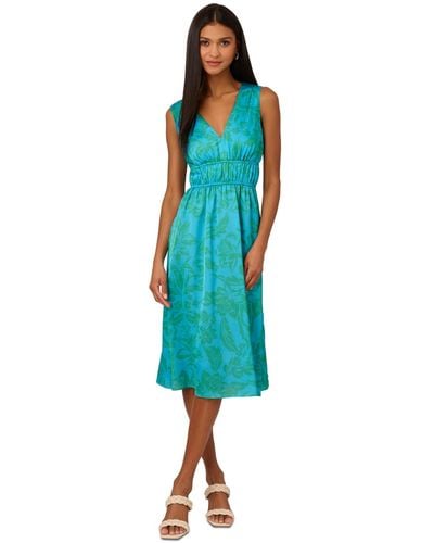Adrianna Papell Floral-print Smocked-waist Dress - Blue