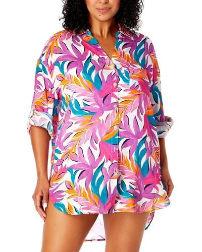 Anne Cole Plus Size Tropical-print Cover-up Shirt - Red