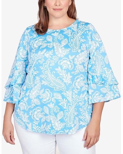 Ruby Rd. Plus Size Monotone Paisley Puff Print Party Top - Blue