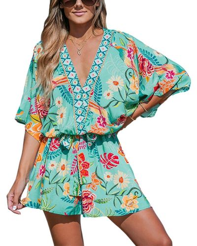 CUPSHE Tropical Dolman Sleeve Casual Mini Beach Dress - Blue