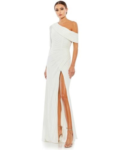 Mac Duggal Ieena Ruched Jersey Drop Shoulder Foldover Gown - White