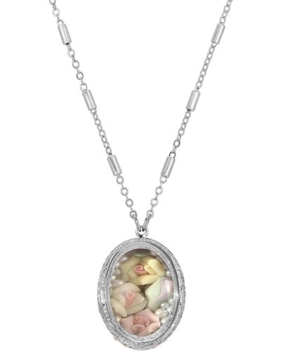 2028 Flower Silver-tone Oval Multicolor Rose Necklace - Pink