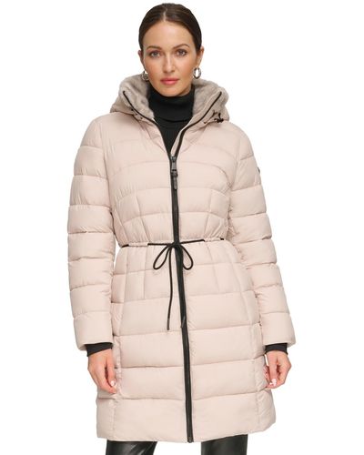 DKNY Rope Belted Faux-fur-trim Hooded Puffer Coat - Natural