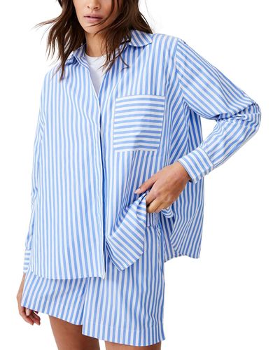 French Connection Striped Point Collar Long Sleeve Top - Blue