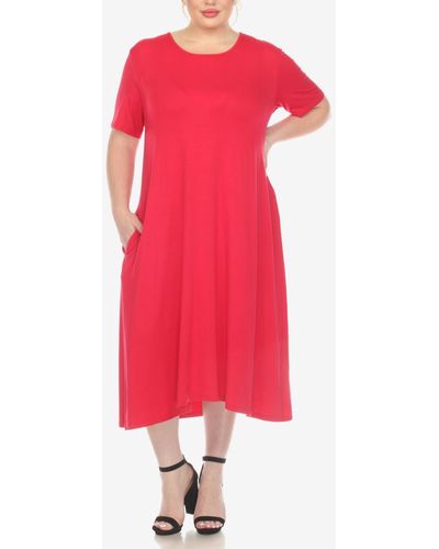 White Mark Plus Size Short Sleeve Pocket Swing Midi Dress - Red