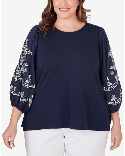 Ruby Rd. Plus Size Medallion Embroidered Lantern Sleeve Top - Blue