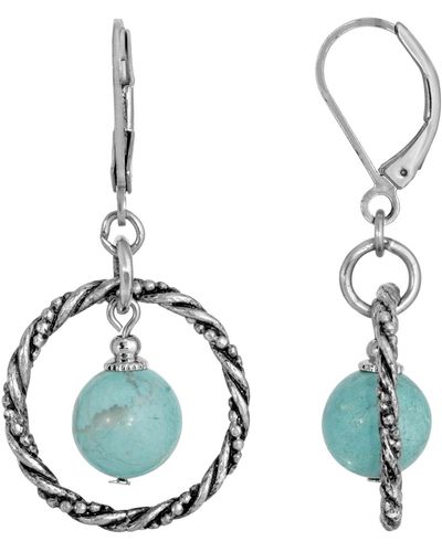 2028 Silver-tone Genuine Stone Turquoise Round Stone Hoop Earrings - Blue