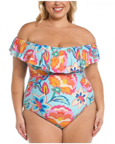La Blanca Plus Size Breezy Beauty Off-the-shoulder Ruffle One-piece Swimsuit - Blue