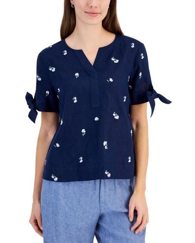 Charter Club London 100% Linen Floral-embroidered Top - Blue