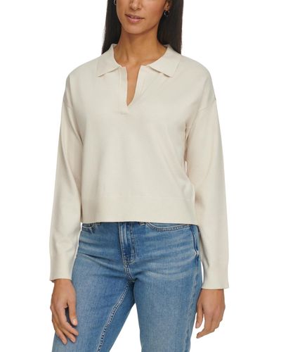 Calvin Klein Long Sleeve Polo Collar Top - White