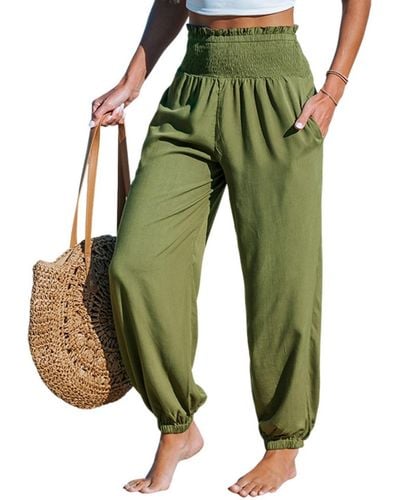 CUPSHE Smocked Waist Tapered Leg Casual Pants - Green
