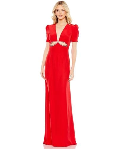 Mac Duggal Ieena Plunge Neck Puff Sleeve Cut Out Gown - Red