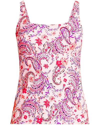 Lands' End Mastectomy Chlorine Resistant Square Neck Tankini Swimsuit Top Adjustable Straps - Pink