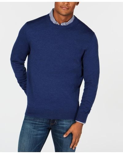 Club Room Solid Crew Neck Merino Wool Blend Sweater - Blue