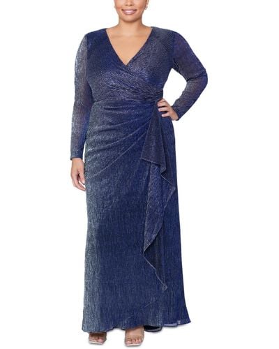 Betsy & Adam Plus Size Metallic Long-sleeve Drape-front Gown - Blue