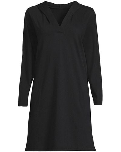 Lands' End Cotton Jersey Long Sleeve Hooded Swim Cover-up Dress - Black