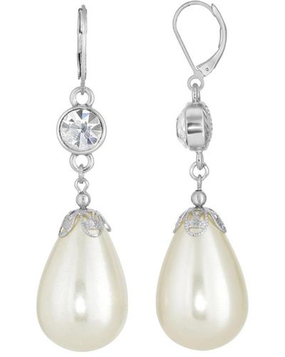2028 Silver-tone Crystal Large Imitation Pearl Pear Shape Drop Earring - White