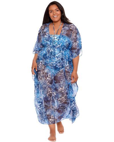 Lauren by Ralph Lauren Plus Size Midi Caftan Cotton Cover-up - Blue