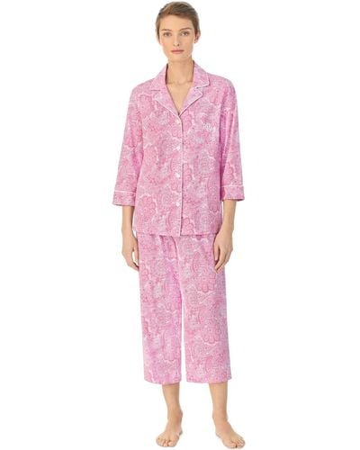 Lauren by Ralph Lauren 3/4 Sleeve Cotton Notch Collar Capri Pant Pajama Set - Pink
