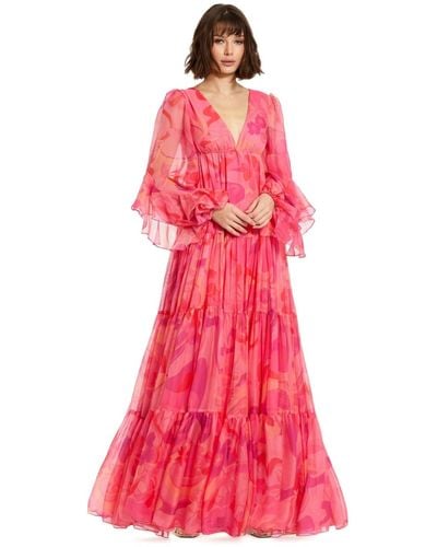 Mac Duggal Printed Chiffon Ruffle Long Sleeve V Neck Gown - Pink