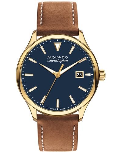 Movado Swiss Heritage Brown Leather Strap Watch 40mm - Blue