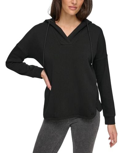 Marc New York Andrew Marc Sport Long Sleeve Fleece Split Neck Tunic Hoodie Sweatshirt - Black