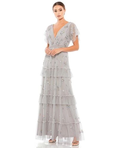 Mac Duggal Ruffle Tiered Embellished Flutter Sleeve Gown - White