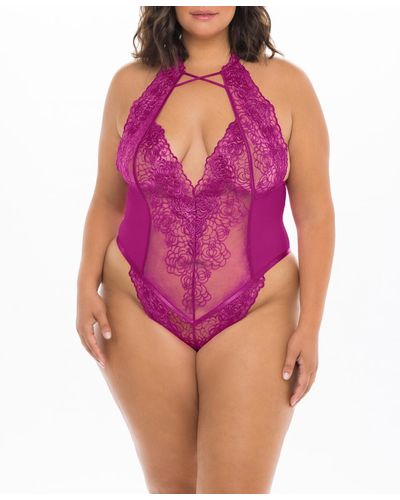 Oh La La Cheri Plus Size High Neck Soft Embroidered Teddy - Purple