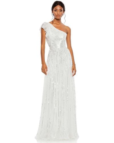 Mac Duggal Sequined One Shoulder Flutter Sleeve A Line Gown - White