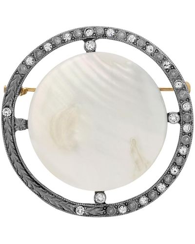 2028 Silver Tone Crystal Cultured Mother Of Pearl Brooch - White