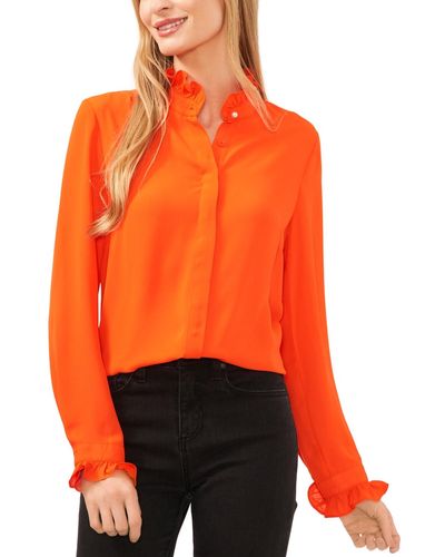 Cece Ruffled-collar Button-front Long-sleeve Blouse - Orange