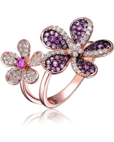 Genevive Jewelry Sterling Silver Rose Gold And Black Plated Multi Colored Cubic Zirconia Floral Ring - Pink