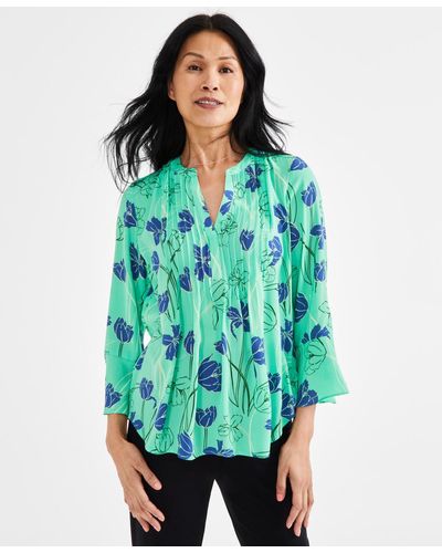 Style & Co. Petite Floral Printed Pintuck Pleated Top - Green