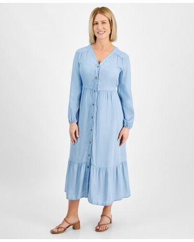 Style & Co. Petite Chambray V-neck Tiered Shirtdress - Blue