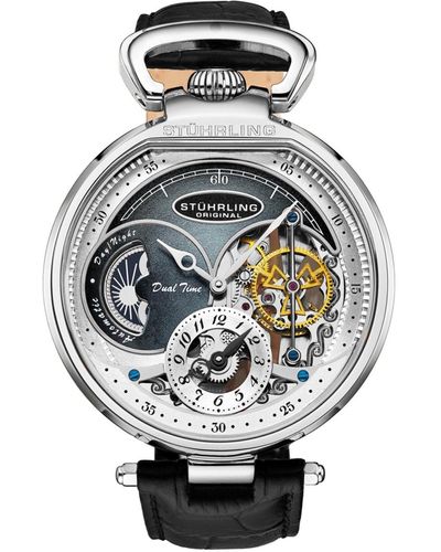 Stuhrling Automatic Dual Time Alloy Case Skeleton Dial Alligator Embossed Genuine Leather Strap Watch - Gray