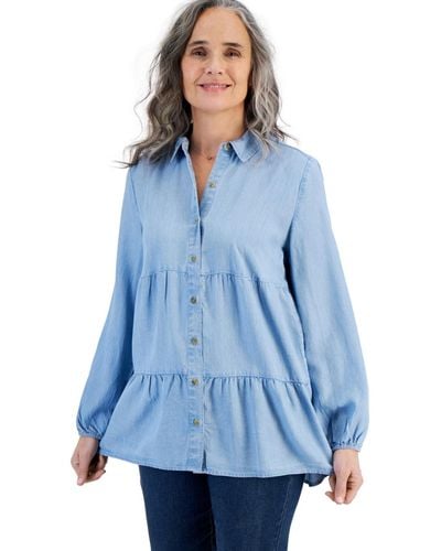 Style & Co. Tiered Button-front Chambray Shirt - Blue